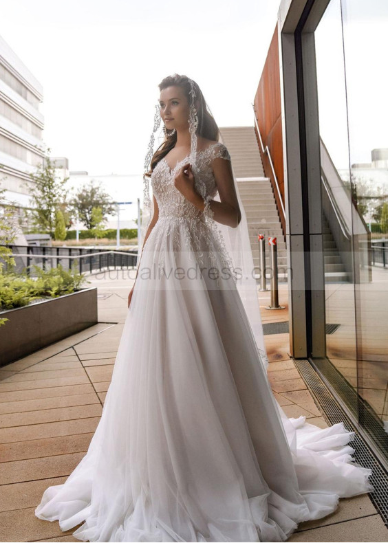 Beaded Cap Sleeves Ivory Lace Tulle Wedding Dress